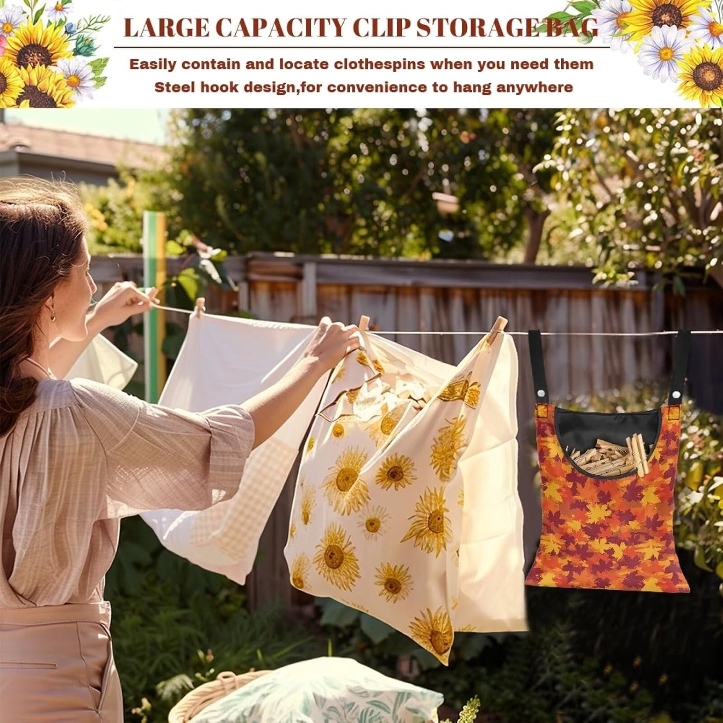 Maple Leaf Clothespin Storage Hanger Bags Beer Laundry Clothespin Bag, Clothespin Bag with a Large Opening, Hanging Storage Organizer with Hanging Rope for Indoor Outdoor