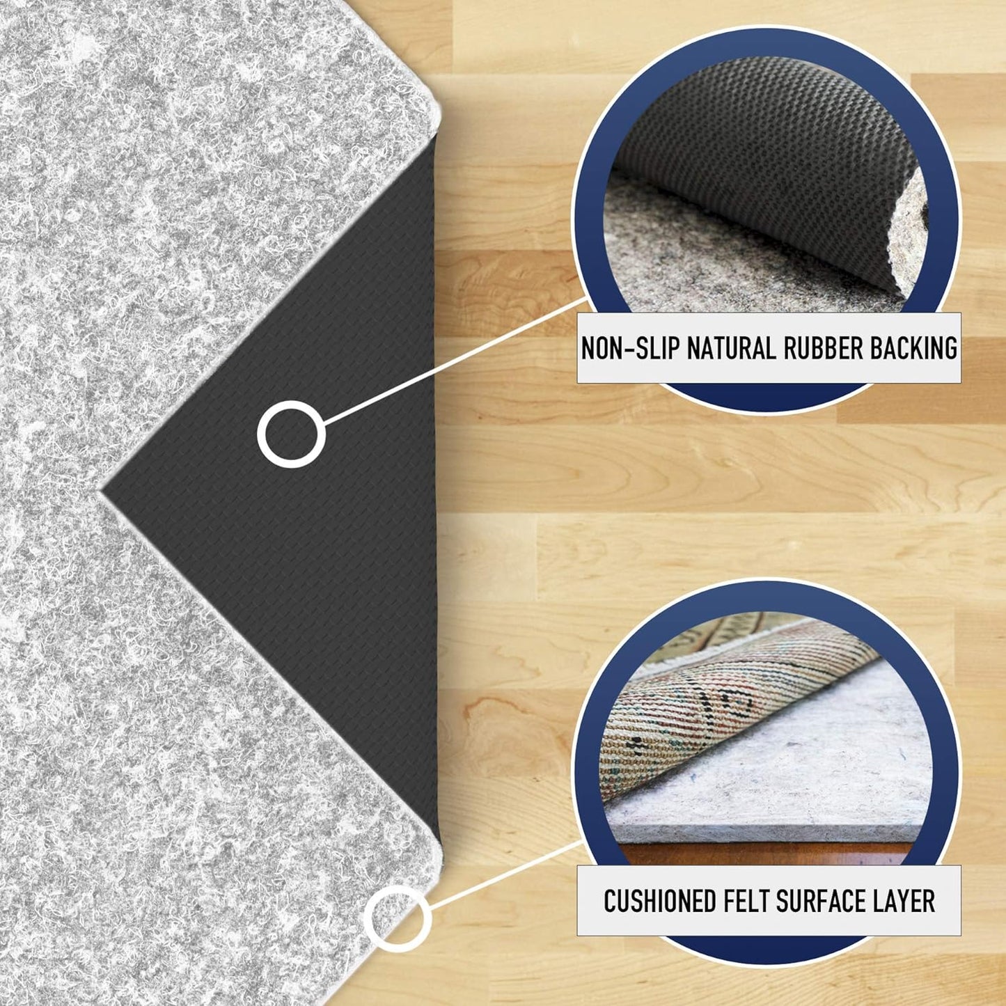 RUGPADUSA - Dual Surface - 6'x8' - 1/4" Thick - Felt + Rubber - Non-Slip Backing Rug Pad - Safe for All Floors