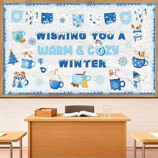 Aposwow Winter Bulletin Board Decorations - Christmas Hot Cocoa Holiday Classroom Decorations Set Wish You A Warm Cozy Winter Paper Cutouts Bulletin Board Decor School Office Wall Decor Supplies