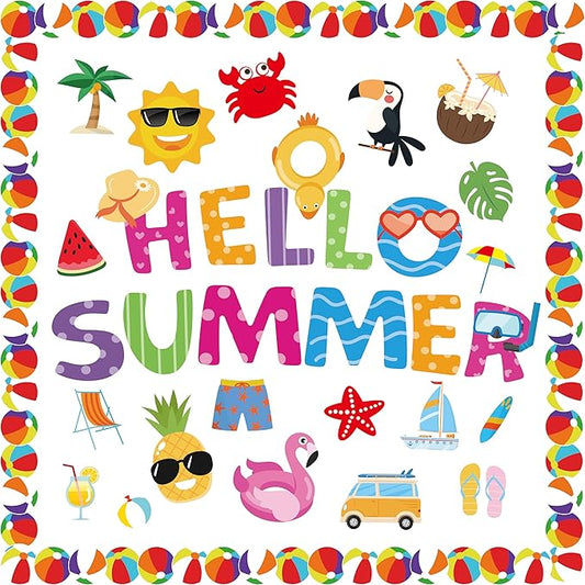 96Pcs Summer Cutouts Bulletin Board Decorations Set - Pool Beach Hawaiian Theme Cut Outs Ball Bulletin Board Border Decorations for Office School Classroom Teacher Supplies