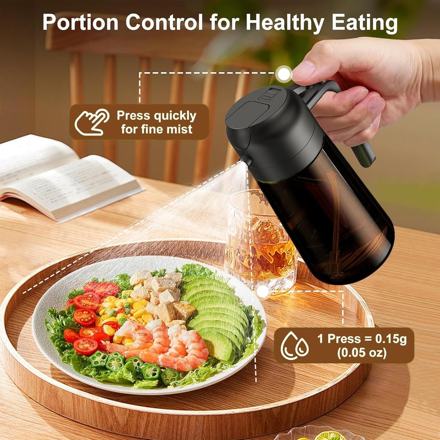 2-in-1 Glass Oil Dispenser & Sprayer - 16oz/470ml Leakproof Olive Oil Sprayer Bottle for Cooking, Air Fryer, BBQ, Baking, Salad (Black)