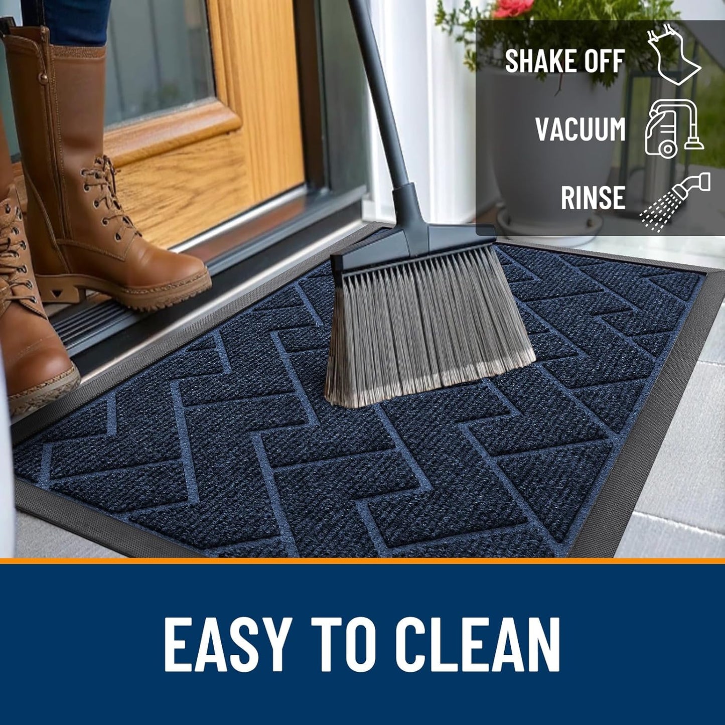 OLANLY Front Door Mat Indoor Outdoor Entrance, Waterproof All-Season, All-Weather Doormat, Sturdy Natural Rubber, Low Profile, Easy Clean Patio Porch Entryway Mat, Herringbone Brick (Blue, 47x32)