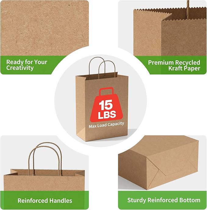 Simple Deluxe Value Pack of 150 Kraft Paper Bags with Handles (10x5x13 Inch) - Made in USA from 90GSM 100% Recycled Paper for Retail, Bulk Savings for Retail, Stores & Gift Packaging