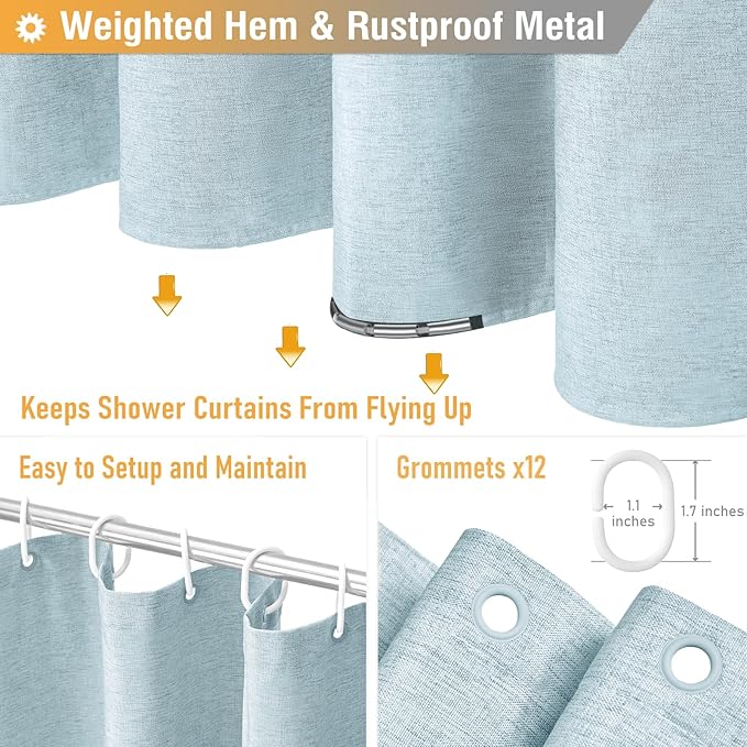 BTTN Extra Long Shower Curtain, 72x84 Inches Long Linen Textured Heavy Duty Fabric Shower Curtain Set with 12 Plastic Hooks, Tall Luxury Simple Waterproof Cloth Shower Curtains for Bathroom - Fog Blue