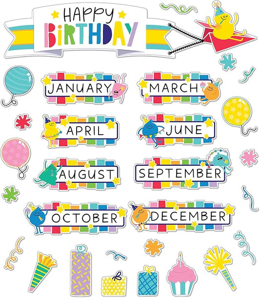 Carson Dellosa Happy Place 73 pc Bundle of Birthday Decorations, Monthly Calendar Headers, Confetti, Cupcakes, Presents, and Balloon Cutouts for Party, Classroom, Bulletin Board, and Wall Decor