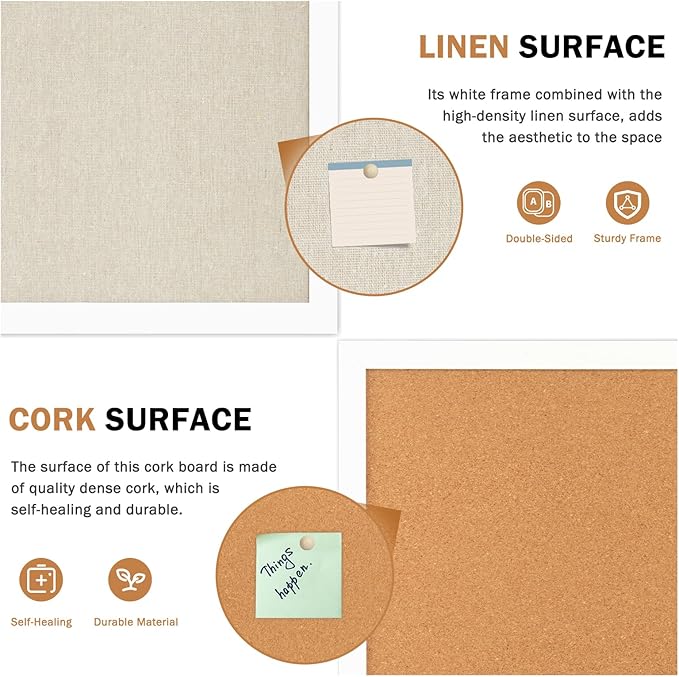 Double-Sided Large Cork Board with Linen, 36" x 24" Hanging Wood Framed Bulletin Board, Picture Display Vision Board Corkboards for Wall Room School Office Decor, 20 Pushpins,1pack