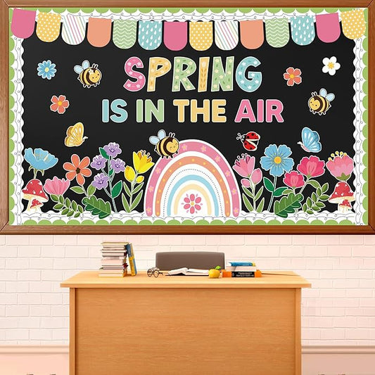 Spring Flower Bulletin Board Set Floral Classroom Bulletin Board Decoration with Rainbow Flowers Bee Paper Cutouts Spring in The Air Themed Classroom Wall Decor for School Chalkboard Teacher Supplies