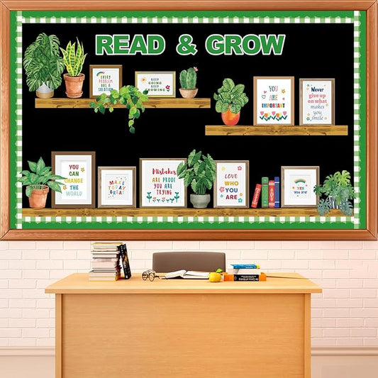 Plant Bookshelf Bulletin Board Set Read and Grow Motivational Greenery Classroom Decor Reading Library Back to School Positive Eucalyptus Potted Paper Cutouts for School Wall Decor Supplies