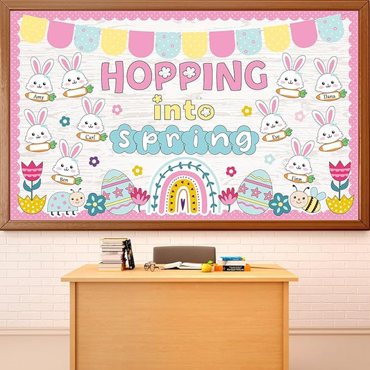 Easter Bunny Bulletin Board Set Hopping Into Spring Classroom Decor Easter Egg Flowers Rainbow Writable Rabbit Cutouts April Bulletin Board for Back to School Party Home Office Chalkboard Wall Decor