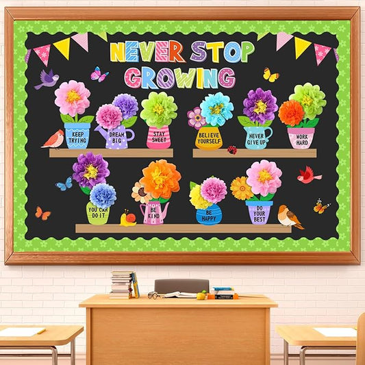 73 Pcs Flower Bulletin Board Decoration Set with 3D Paper Flower Never Stop Growing Classroom Decor Inspirational Bulletin Board Decor for Motivational Classroom School Home Chalkboard Wall