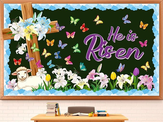 Pajean Easter Bulletin Boards Easter Classroom Decor Christian Religious Bulletin Board He is Risen Cross Bunny Egg Cutouts for Spring School Home Church Wall Door(Butterfly)