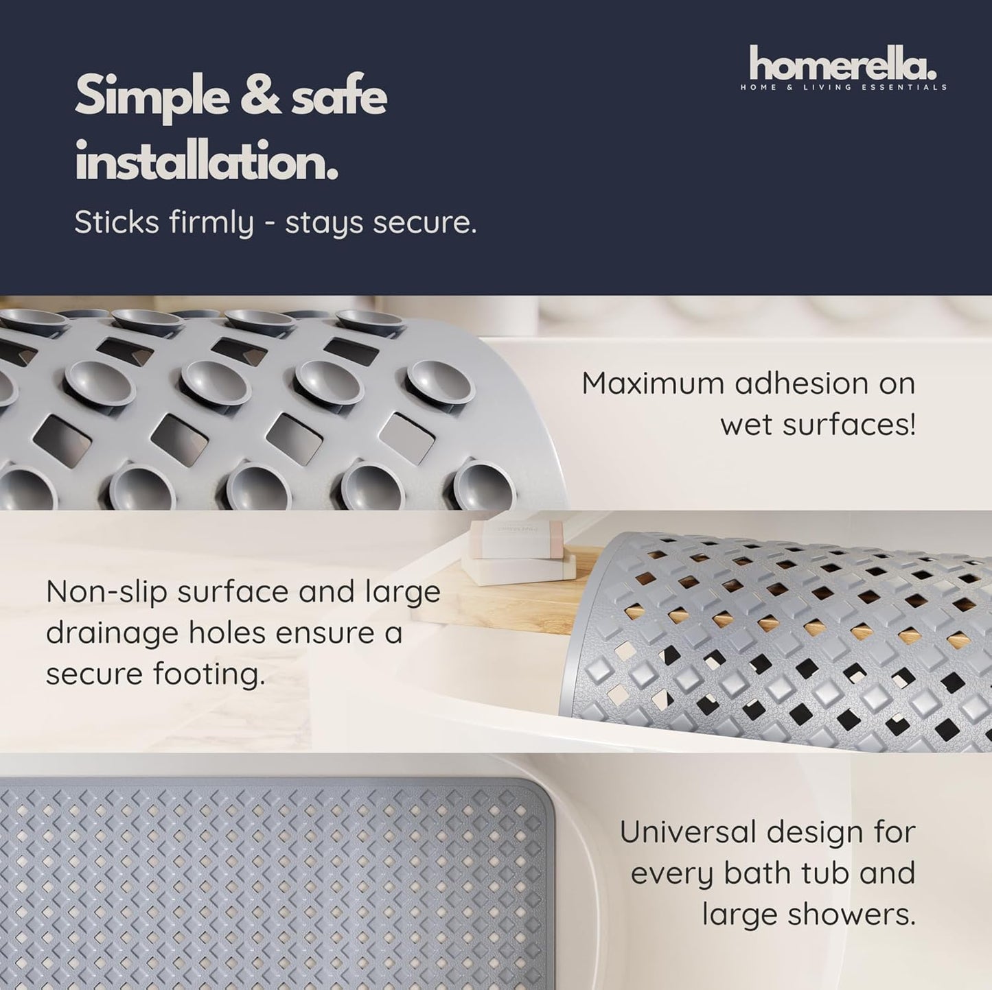 homerella® Bathtub Mat Non Slip 35x16, Incl. Hooks for Drying, Extra Long, 100% BPA Free, Shower Mat Non Slip Anti Mold, Machine Washable, Shower Mats for Inside Shower Mildew Resistant
