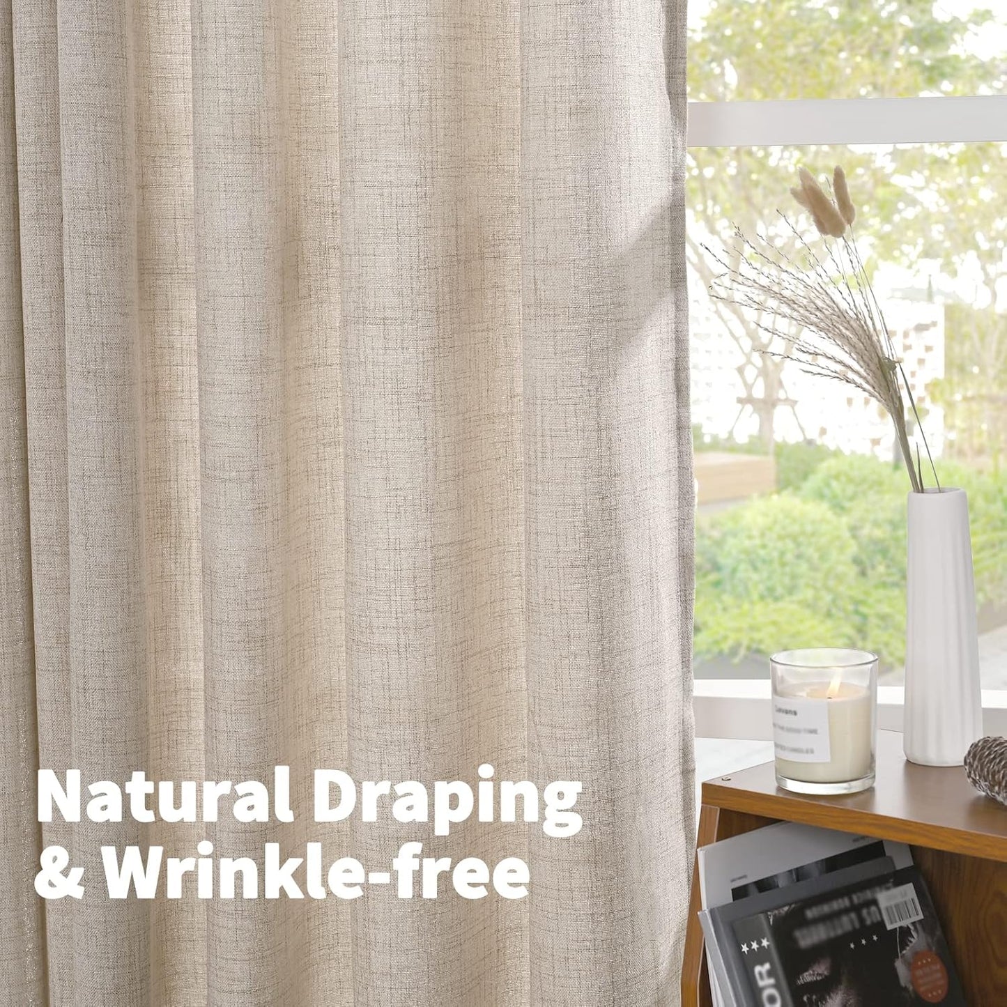 YoungsTex Natural Linen Curtains 60 Inch Wide Back Tab Textured Window Drapes 63 Inch Window Length for Living Room Light Filtering, 2 Panels