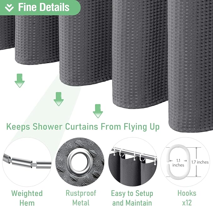 Dynamene Long Fabric Shower Curtain - 78 inch Long Waffle Weave Weighted Cloth Shower Curtains for Bathroom, Heavy Duty Hotel Spa Luxury Bath Curtain Set with 12 Plastic Hooks,72x78, Charcoal Grey