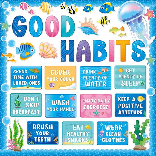 Ctosree 60 Pcs Summer Ocean Sea Healthy Bulletin Board Decorations Set Healthy Poster Jellyfish Fish Seaweed Shells Good Habits Cutouts for Classroom School Office Chalkboard Wall Supply