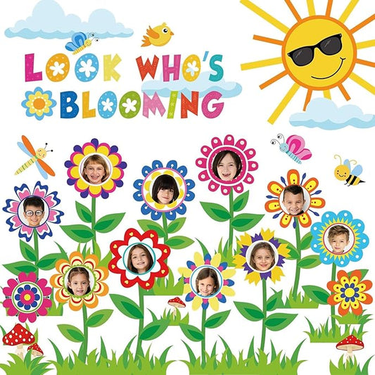 88Pcs Spring Bloom Flower Bulletin Board Decorations Set Look Who’s Blooming Classroom Decor Growth Mindset Photo Posting Craft Cutouts for School Offices Classroom Back to School Party Supplies
