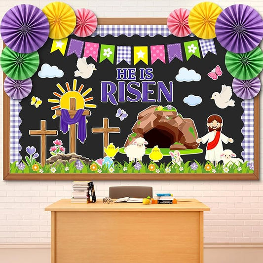 Eersida Spring Bulletin Board Decorations with Paper Fans St Patricks Day 3D Classroom Bulletin Board Christian Easter Flower Bunny Cutouts School VBS Library Church Window Wall Decor(Easter)