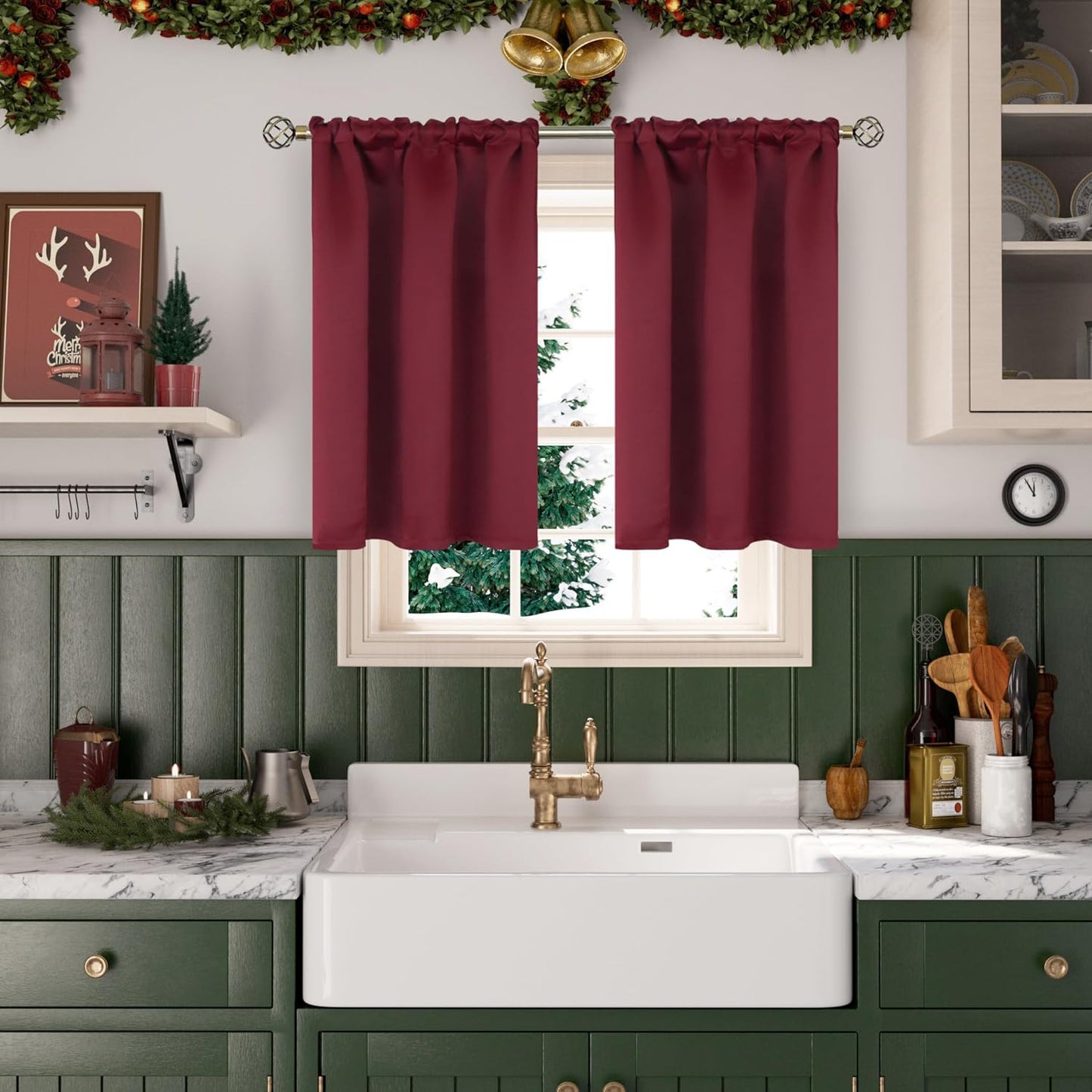 BGment Short Burgundy Blackout Curtains 45 Inches Length - Rod Pocket Thermal Insulated Room Darkening Window Drapes for Bedroom Kitchen Christmas Decorative, 42 x 45 Inch, 2 Panels