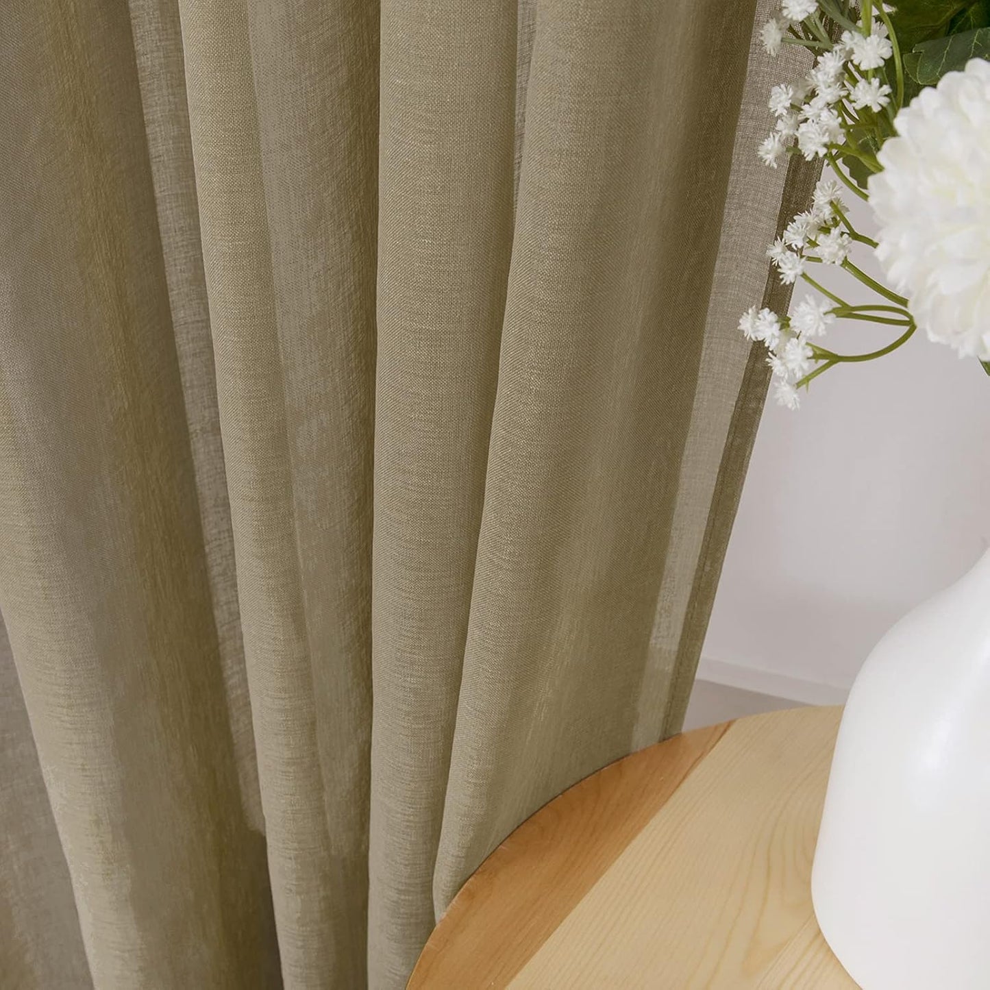 Tollpiz Short Sheer Tier Curtains Linen Textured Half Kitchen Curtain Sheers Light Filtering Rod Pocket Voile Small Curtain for Bathroom, 25 x 24 inches Long, Taos Taupe, Set of 2 Panels