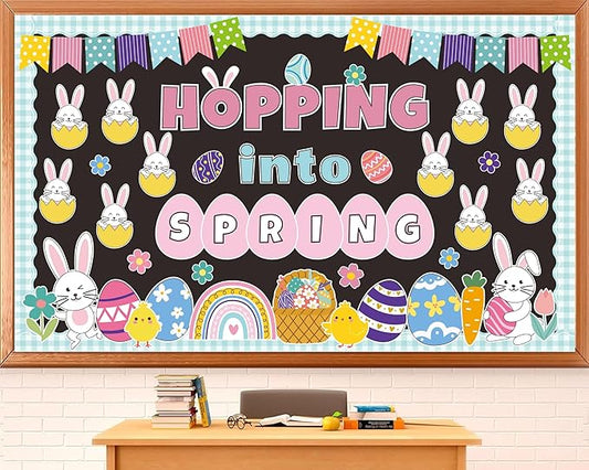 Spring Easter Bulletin Board Set Easter Bunny Eggs Bulletin Board Classroom Decorations Hopping into Spring Cutouts for Teacher Classroom School Office Chalkboard Wall Home Decor