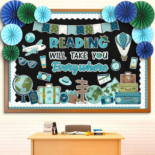 Eersida Spring Bulletin Board Decorations with Paper Fans St Patricks Day 3D Classroom Bulletin Board Christian Easter Flower Bunny Cutouts School VBS Library Church Window Wall Decor(Travel)