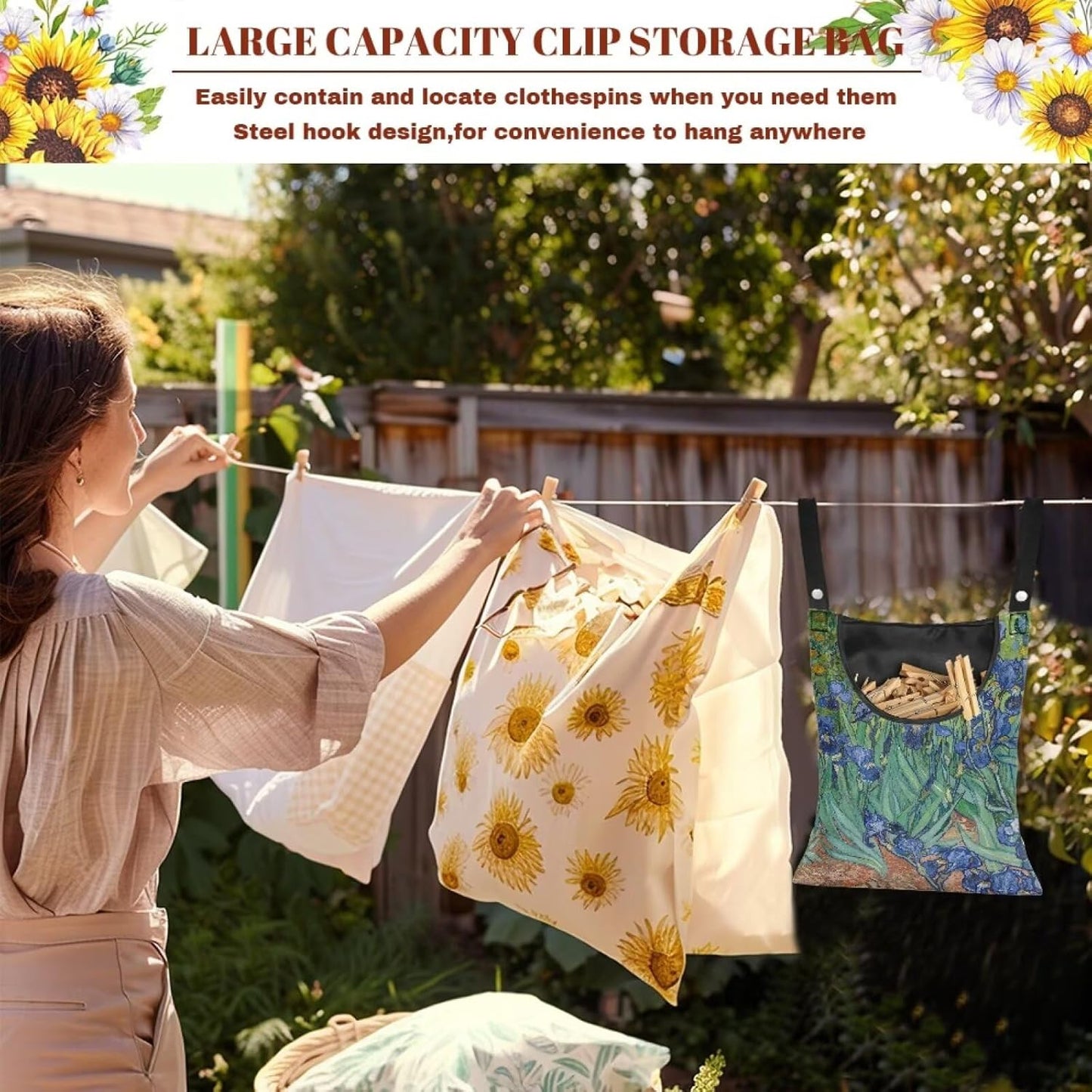 Famous Oil Painting Iris Print Home Clothespin Organizer Bag 14.5"x12" - Large Opening Design for Easy Access - Weather Resistant Hanging Storage Solution for Laundry Rooms Decor