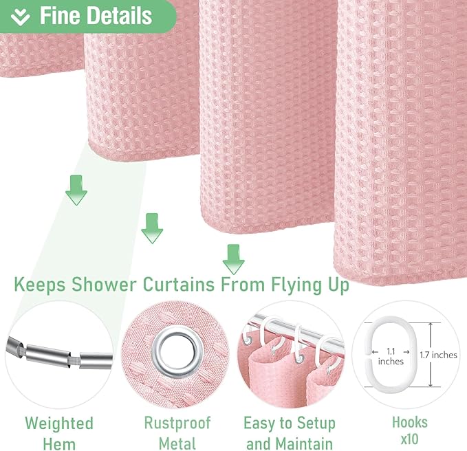 Dynamene Stall Fabric Shower Curtain - 54x78 inch Long Waffle Weave Weighted Thick Cloth Shower Curtains for Bathroom,Heavy Duty Hotel Spa Luxury Bath Curtain Set with 10 Plastic Hooks, Pink
