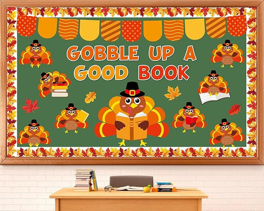 Thanksgiving Turkey Bulletin Board Classroom Decoration Fall Thanksgiving Turkey Reading Cutout Gobble Up A Good Book Bulletin Board Autumn Maple Leaves Cutouts for Home School Thankful Party Supplies