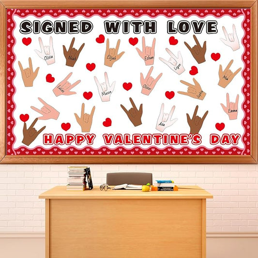 Valentine's Day Bulletin Board Decorations Set Signed with Love Classroom Decoration Happy Valentine's Day Love Heart Hand Gesture Cutouts for School Office Home Chalkboard Wall Decor Party Supplies