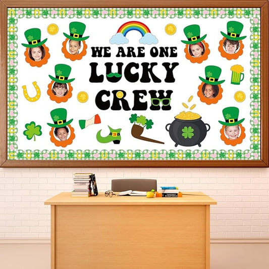 St. Patrick's Day Bulletin Board Set Shamrock Gold Coin Leprechaun Hat and Beard DIY Photo Craft Cutouts One Lucky Crew Green Irish March Classroom Decoration for Holiday Party School Home Wall Decor