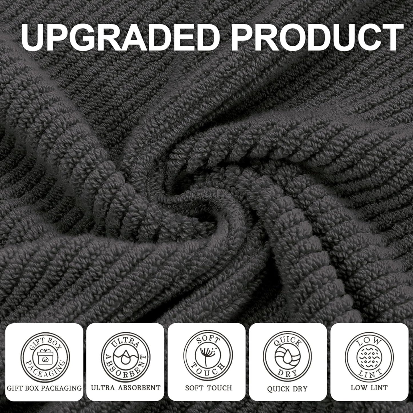 VOOVA & MOVAS Gray Towels - 100% Cotton | Lightweight | Quick Dry | Thick | Soft, Towel Set of 6, 2 Large Bath 30" x 56", 2 Hand 18" x 28", 2 Washcloths 13" x 13", Towel Gift Set, Dark Grey