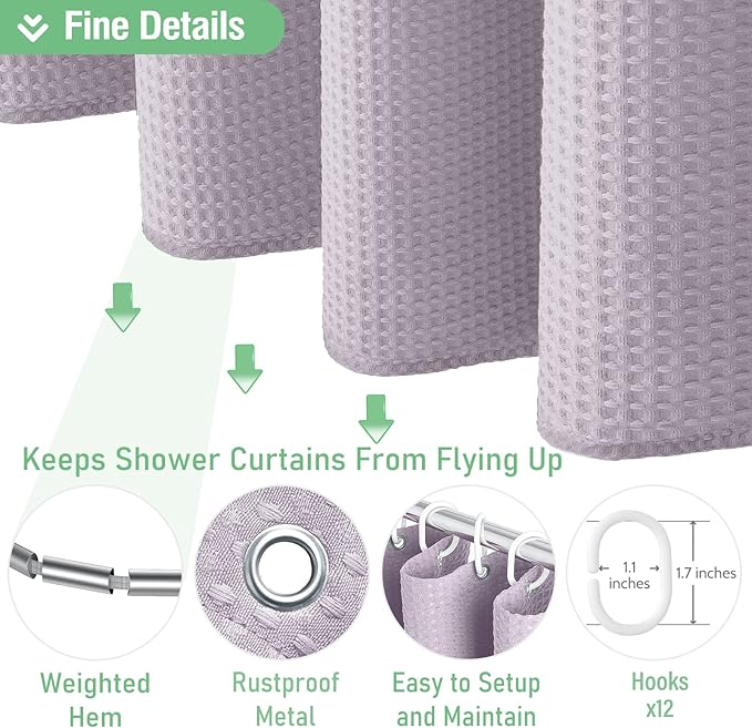 Dynamene Lavender Fabric Shower Curtain - Waffle Weave Textured Heavy Duty Cloth Shower Curtains for Bathroom, 256GSM Hotel Luxury Weighted Bath Curtain Set with 12 Hooks,72x72, Lavender