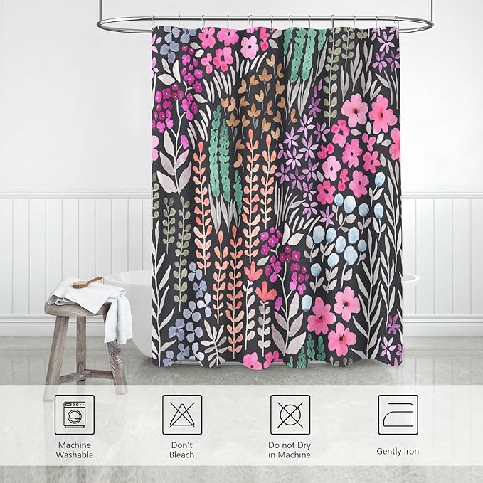 Black Floral Shower Curtain 60x72, Hot Pink Boho Flower Fabric Shower Curtain, Cute Funky Watercolor Wildflower Shower Curtain Set, Cottagecore Bohemian Bathroom Decor