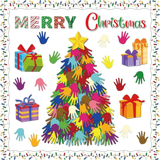 Christmas Bulletin Board Decoration Set Xmas Tree Handprint Name Tags Cutouts for Xmas Holiday Bulletin Board Decor Craft Home Wall(Merry Christmas)