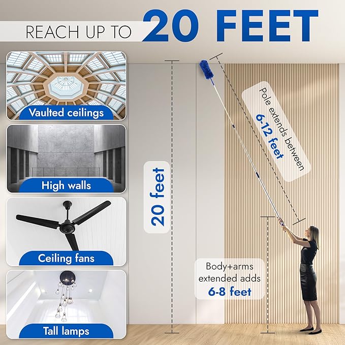 Ceiling Fan Duster Cobweb Duster, Extendable Reach 20 feet, | 3-Stage Aluminum Telescoping Pole | Extends for High Ceiling Duster | Long Handle Plus 2 Duster Heads