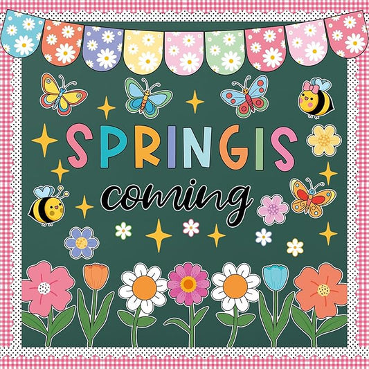 61 Pcs Spring Bulletin Board Decorations - Spring is Coming Cutouts Flower Butterfly Bird Bee Bulletin Board Border for School Classroom Home Décor