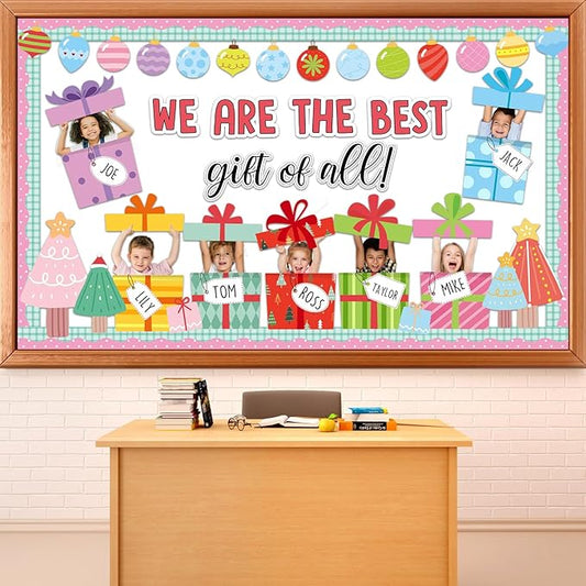 Christmas Bulletin Board Set Christmas DIY Photo Craft Gift Boxes Bulletin Board Decoration We are The Best Gift of All Cutouts for Xmas Holiday Preschool Classroom Chalkboard Wall Door Decor