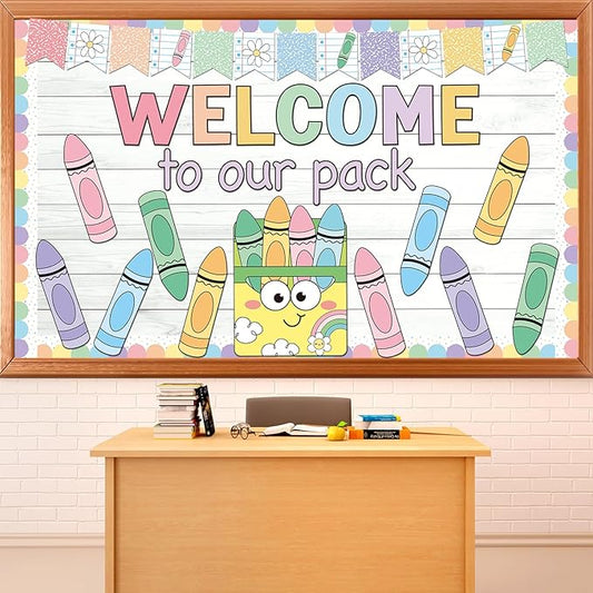 Pastel Welcome to Our Pack Bulletin Board Decoration Crayons Back to School Board Set Notebook Crayon Theme Paper Cutouts Welcome Classroom Supplies for School Office Chalkboard Walls Door Decor