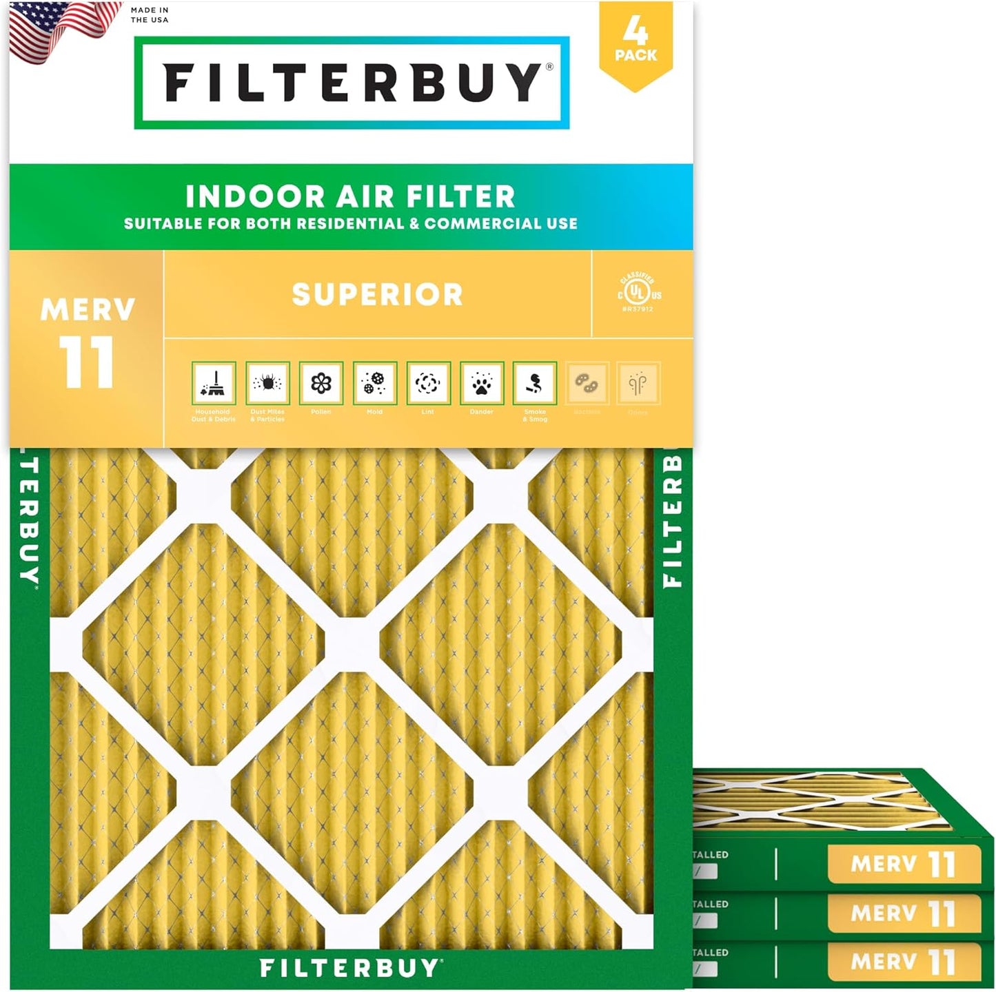 Filterbuy 16.38x21.5x1 Air Filter MERV 11 (MPR 1200) Allergen Defense Replacement (4-Pack), Electrostatic Pleated HVAC AC Furnace Filters, Made in USA (Actual Size: 16.50 x 21.50 x 0.75)