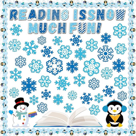 Winter Reading Bulletin Board Decoration Set Snowflake Snowman Penguins Cutouts Christmas Winter Snowflake Bulletin Board Borders Classroom Decorations for Holiday Party School Home Door Wall(Winter)