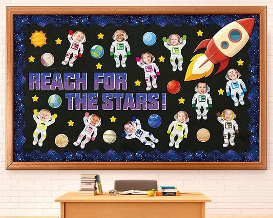Outer Space Bulletin Board Decoration Set Space Themed Decor Back to Astronaut DIY Photo Craft Paper Cutouts Galaxy Borders Solar System Planet Spaceship Themed Party Supplies