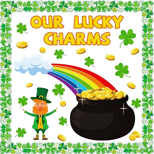 St. Patrick’s Day Bulletin Board Set, St. Patrick’s Shamrocks Cutouts Border Clover Leprechaun Rainbow Pot of Gold Classroom Decorations for School Chalkboard Wall Window Party Decor Supplies