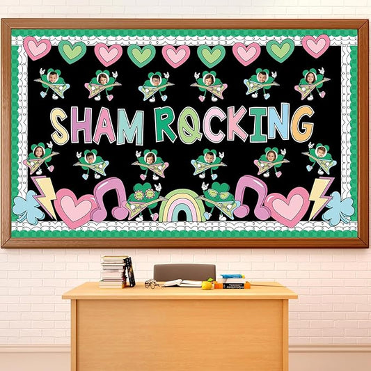 St. Patrick's Day Classroom Bulletin Board Decoration Sham Rocking Photo DIY Bulletin Board Set Lucky Shamrock Music Note Heart Cutouts for Irish Holiday Welcome School Home Wall Door Party Decor