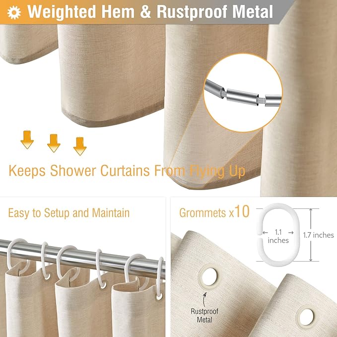 BTTN W60xH72 Stall Shower Curtain, 60 Inch Wide Linen Textured Heavy Duty Cloth Shower Curtain Set with 10 Plastic Hooks, Narrow Luxury Waterproof Fabric Shower Curtains for Bathroom, Beige/Cream