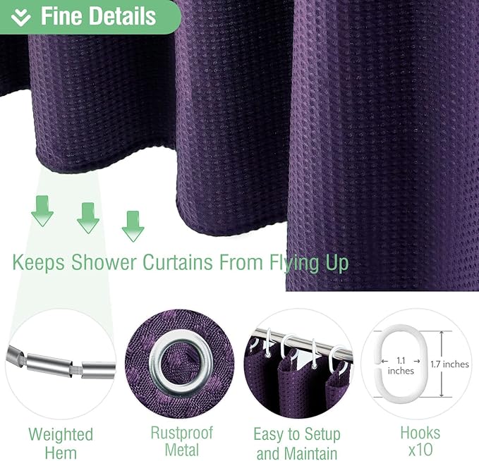 Dynamene 60 inch Stall Shower Curtain - Waffle Weave Heavy Duty Thick Fabric Shower Curtains for Bathroom, Weighted Hotel Spa Luxury Cloth Bath Curtain Set with 10 Plastic Hooks,60x72, Purple