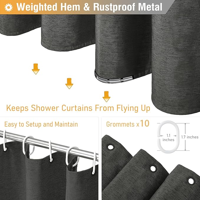 BTTN 60 Inch Stall Fabric Shower Curtain - Linen Cloth Heavy Duty Shower Curtain Set with 10 Plastic Hooks, Narrow Waterproof Decorative Bath Curtains for Bathroom and Bathtubs - 60x72 - Charcoal Grey