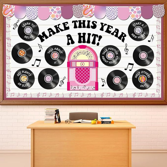 Vintage Record Bulletin Board Set Mental Health Classroom Decoration Music Retro Purple Writable Paper Cutout Make This Year A Hit Bulletin Board for Back to School Office Nursery Home Wall Door Decor