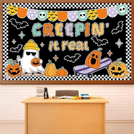 Halloween Bulletin Board Decorations Cute Ghost Pumpkin Bat Bulletin Board Set Spooky Funny Creepin' It Real Paper Cutouts for Halloween Holiday School Classroom Home Wall Decor Supplies