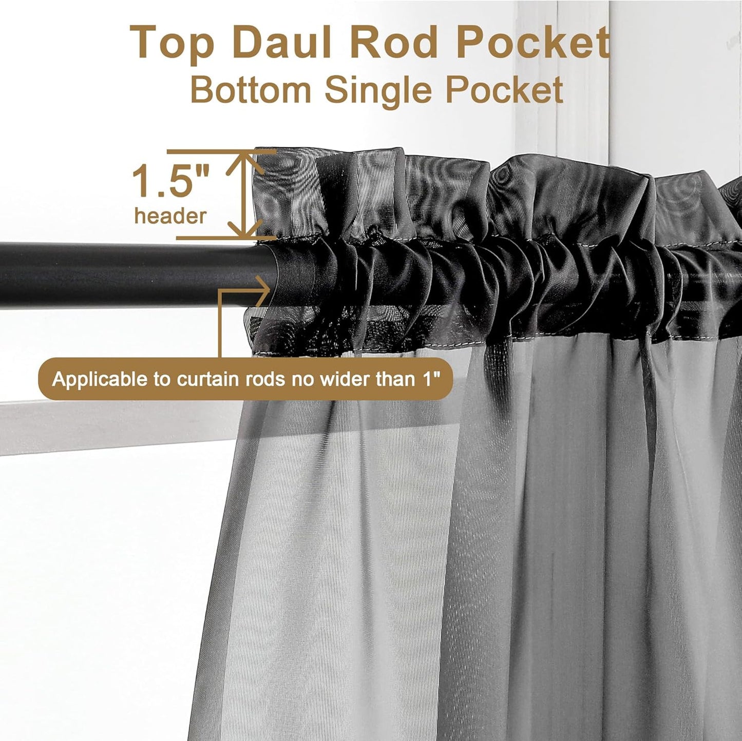 Chyhomenyc Sheer Black Curtains 90 inches Long 2 Panels, Light Filtering Soft Airy Solid Elegant Voile Window Treatment Drapes for Bedroom Living Room Wedding Party Decor, 42 Wx90 L Inches