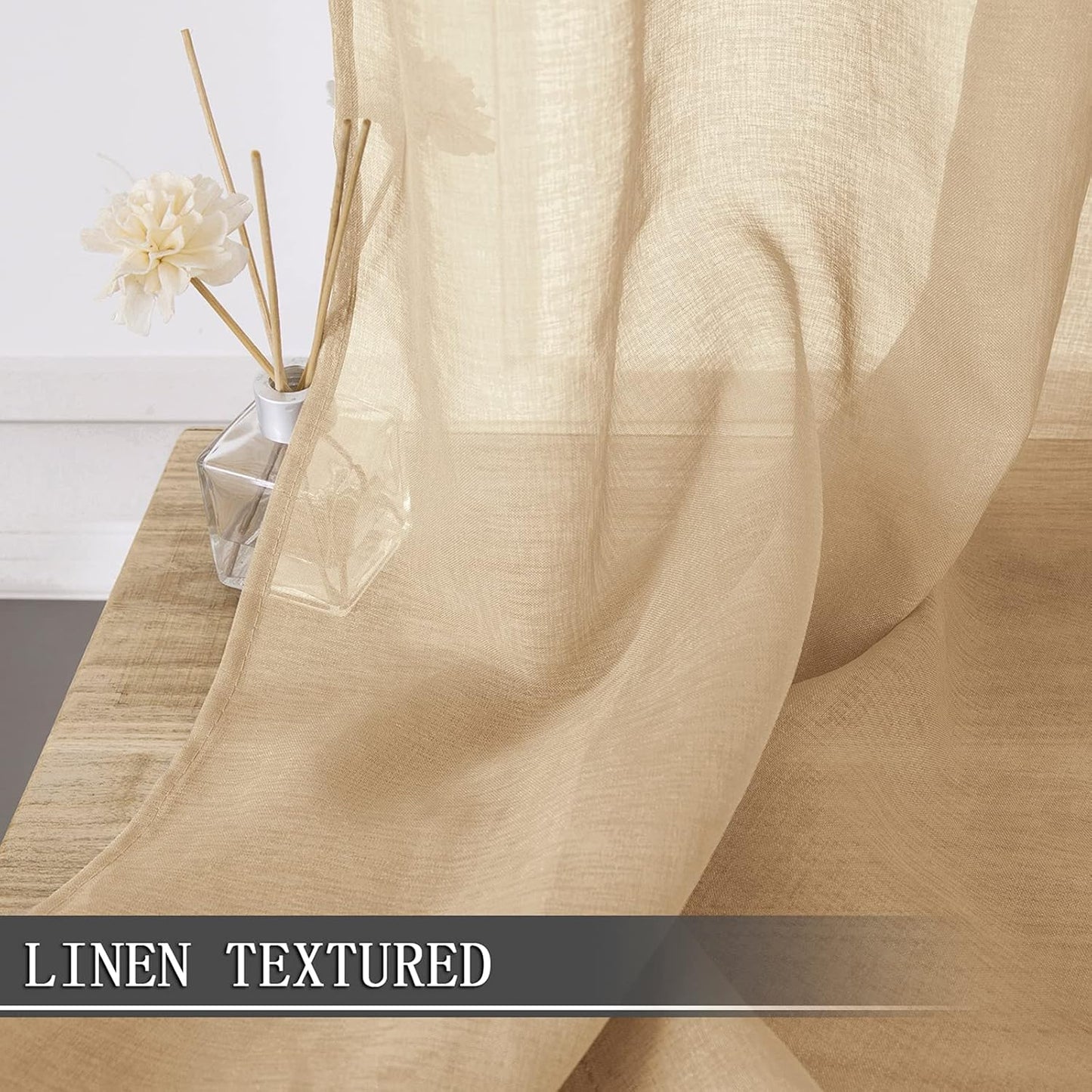 Tollpiz Sheer Curtains Linen Textured Bedroom Curtain Sheers Light Filtering Rod Pocket Voile Curtains for Living Room, 54 x 63 inches Long, Beige, Set of 2 Panels